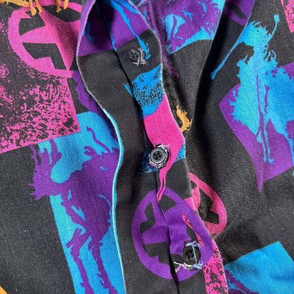 Vintage Lone Roo By Roper Western Shirt Black Purple Cowboy Geometric Print READ - Picture 9 of 16